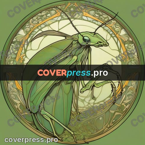 Mucha style poster: mantis in a round frame