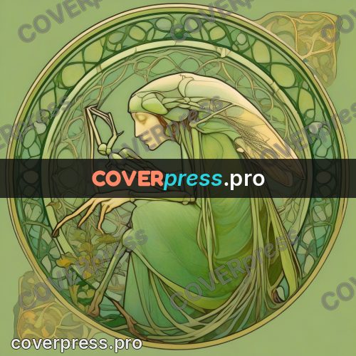 Mucha style poster: mantis in a round frame