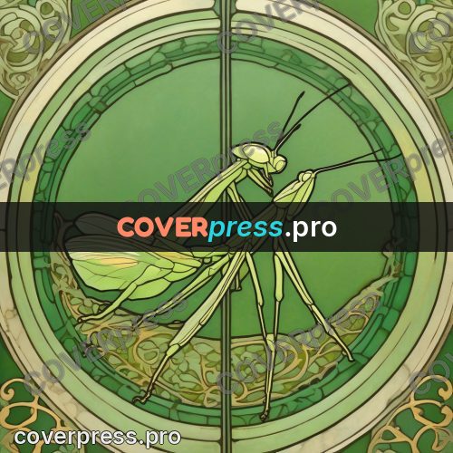 Mucha style poster: mantis in a round frame