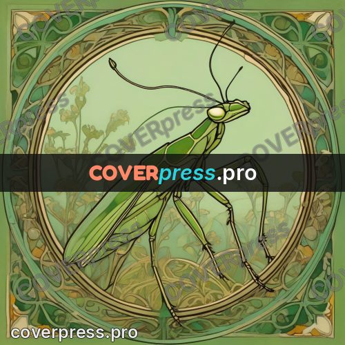 Mucha style poster: mantis in a round frame