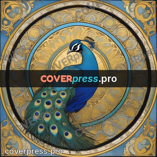 Mucha style poster: peacock in a round frame