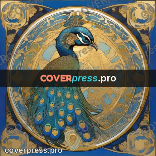 Mucha style poster: peacock in a round frame
