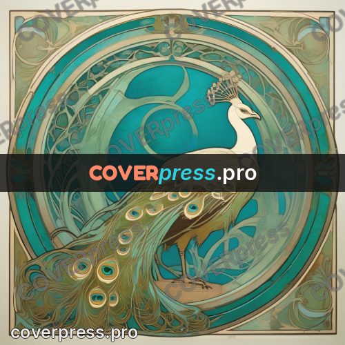 Mucha style poster: peacock plumes in a circle