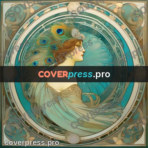 Mucha style poster: peacock plumes in a circle