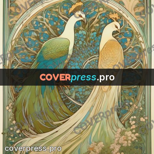 Mucha style poster: peacocks among plant ornament