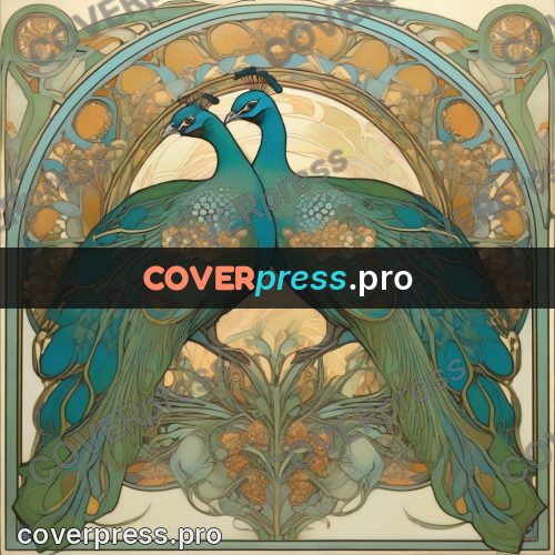 Mucha style poster: peacocks among plant ornament