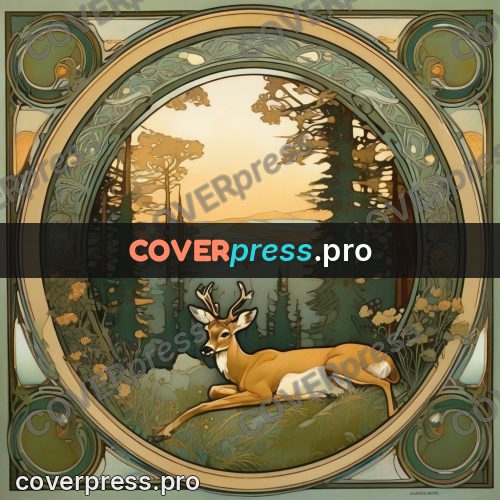 Mucha style poster: deer lying in a forest