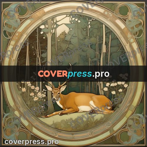 Mucha style poster: deer lying in a forest