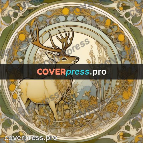 Mucha style poster: pale stag among branches
