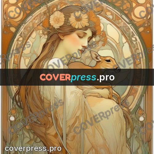 Mucha style poster: woman with a young deer