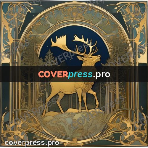 Mucha style poster: stag in a forest arch