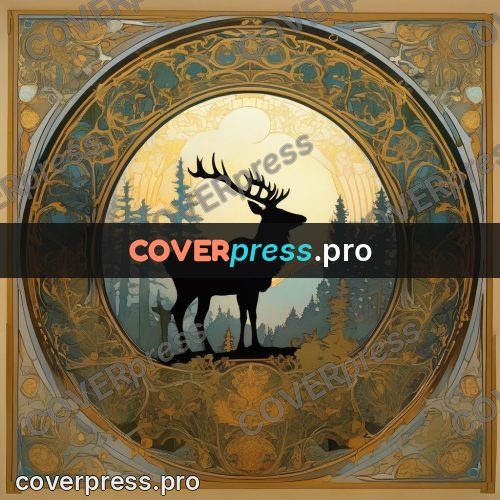 Mucha style poster: stag in a forest arch