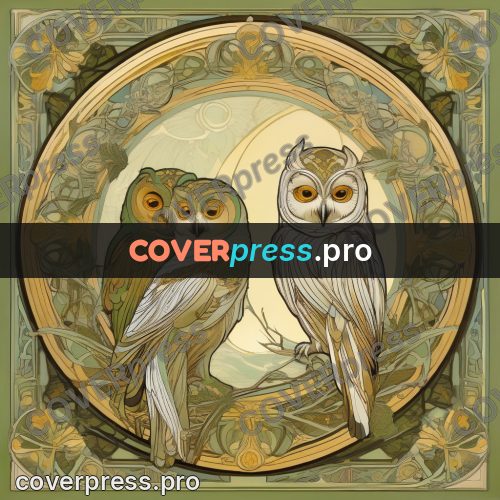 Mucha style poster: owl on a branch in frame