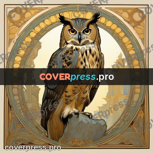 Mucha style poster: eagle owl on a stone
