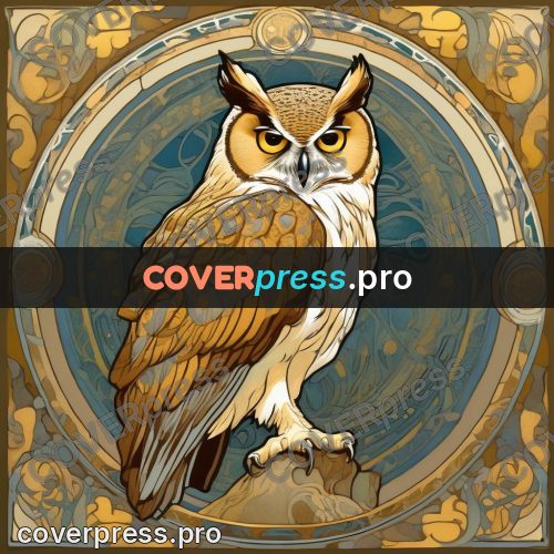 Mucha style poster: eagle owl on a stone