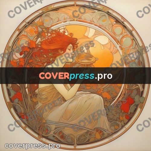 Mucha style poster: red-haired woman in a circle