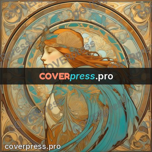Mucha style poster: woman in a cloak by ornament