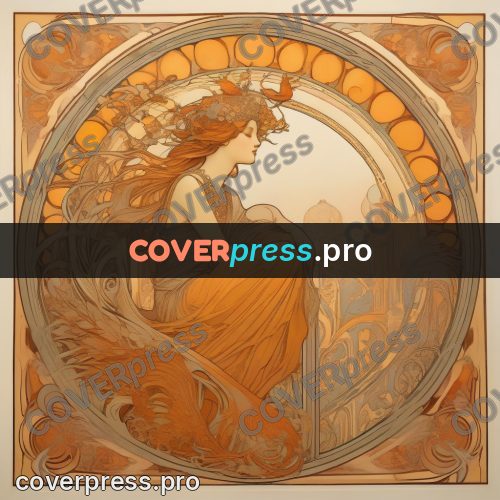 Mucha style poster: woman seated in a round frame