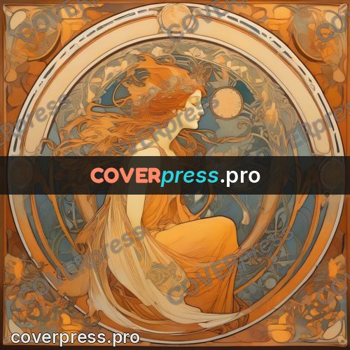 Mucha style poster: woman seated in a round frame