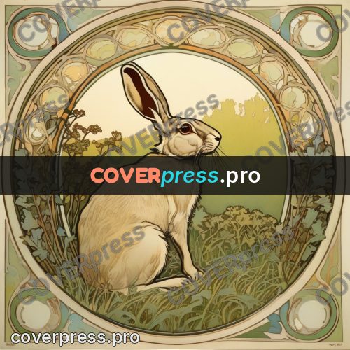 Mucha style poster: hare among grasses in a circle