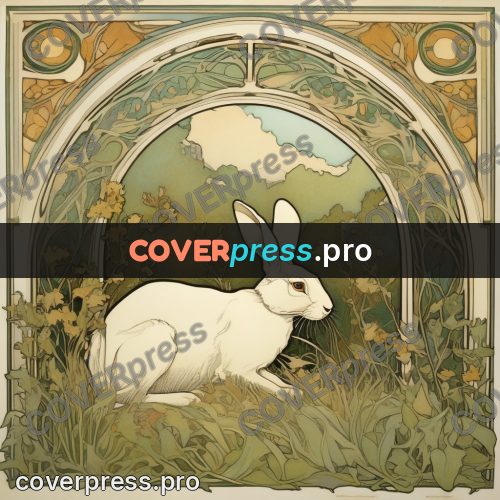 Mucha style poster: hare among grasses in a circle