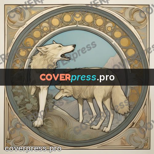 Mucha style poster: wolf in a round frame