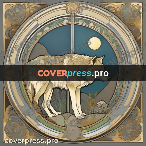 Mucha style poster: wolf in a round frame