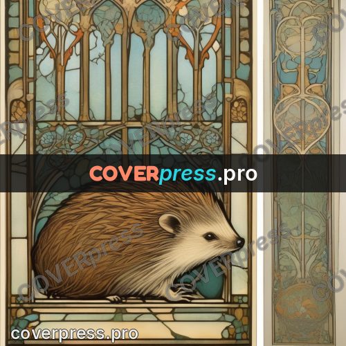 Mucha style poster: hedgehog among patterned windows