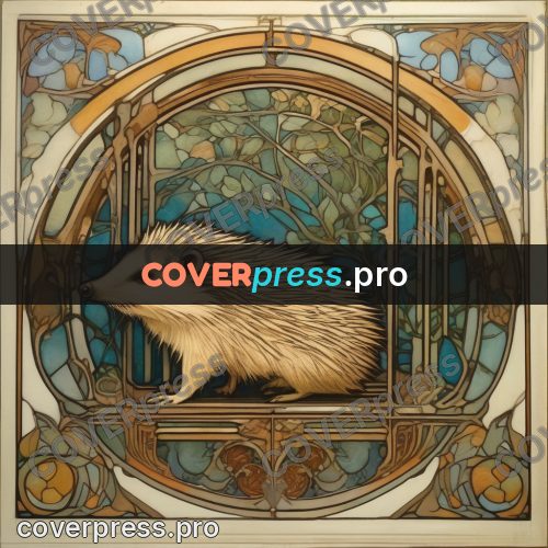 Mucha style poster: hedgehog among patterned windows
