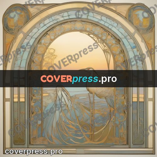 Mucha style poster: heron by water in a frame