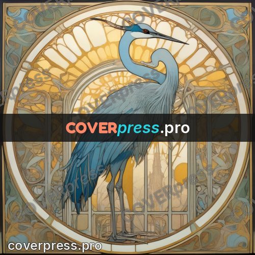 Mucha style poster: heron by water in a frame