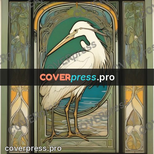 Mucha style poster: heron among patterned panels