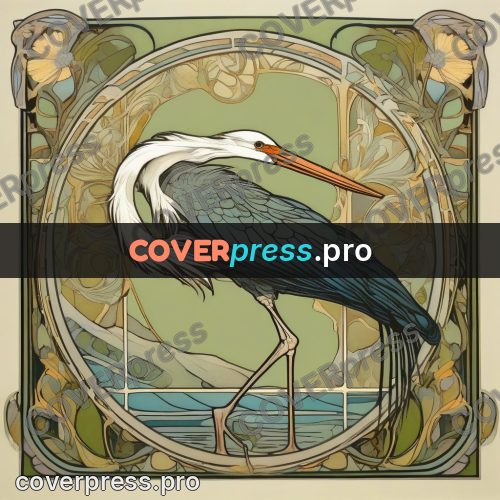 Mucha style poster: heron among patterned panels