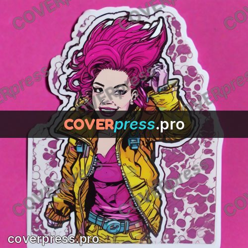 Comic style drawing: woman with pink hair