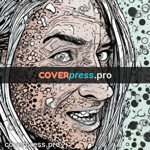 Comic style drawing: laughing face in dense lines