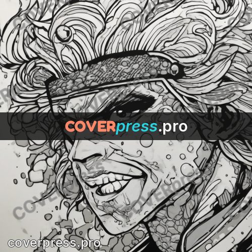 Comic style drawing: laughing face in dense lines