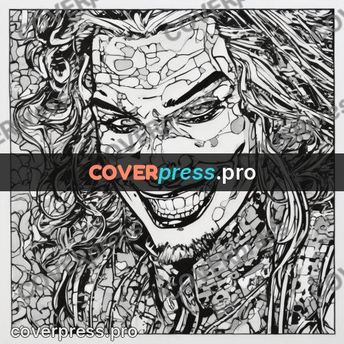 Comic style drawing: laughing face in dense lines