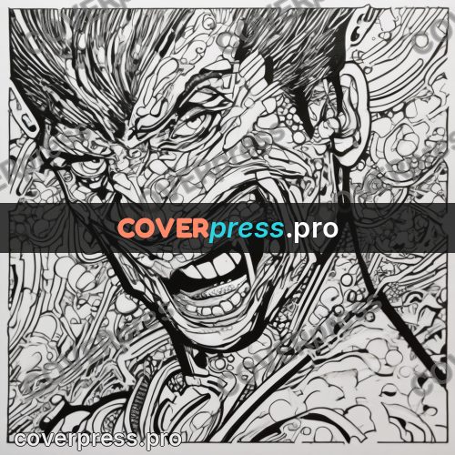 Comic style drawing: laughing face in dense lines