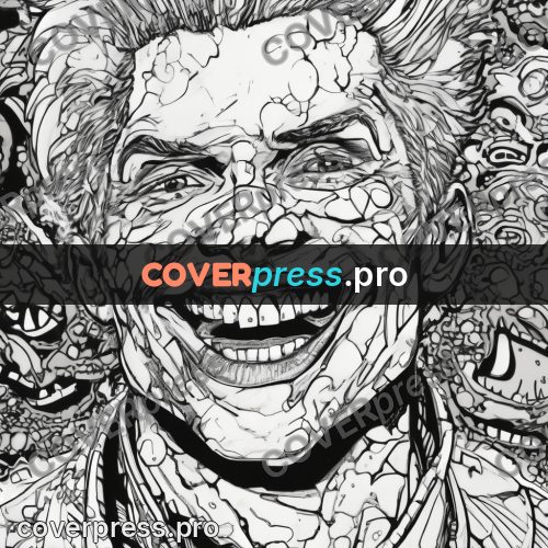 Comic style drawing: laughing face in dense lines