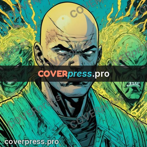 Comic style drawing: bald man before a group