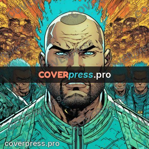 Comic style drawing: bald man before a group