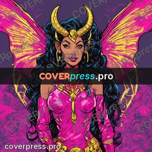 Comic style drawing: horned woman with open wings