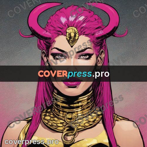 Comic style drawing: horned woman with pink hair