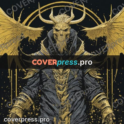Comic style drawing: horned figure with spread wings