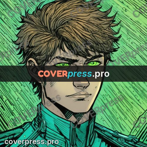 Comic style drawing: young man with green eyes