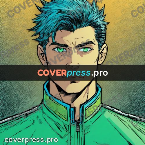 Comic style drawing: young man with green eyes