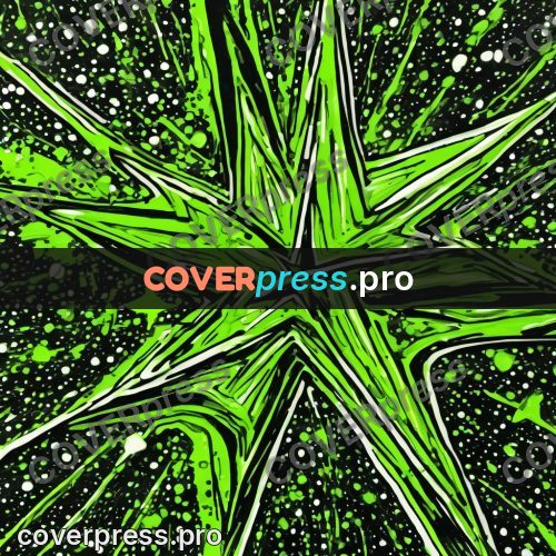 Comic style drawing: green star on dark ground