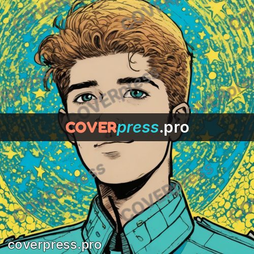 Comic style drawing: young man among stars