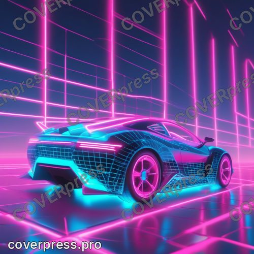 В стиле Неоновый Ретровейв: спортивный автомобиль будущего несется по светящейся сетке в бесконечность, оставляя