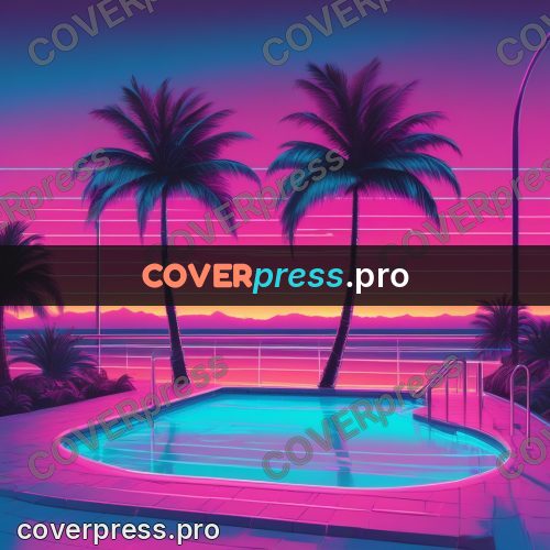 80s neon illustration: pool with palms at sunset